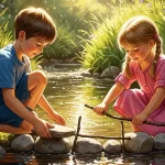 Kinder bauen gemeinsam einen Staudamm