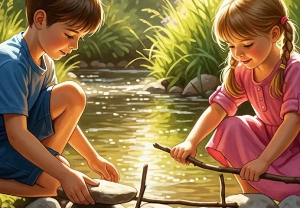 Kinder bauen gemeinsam einen Staudamm