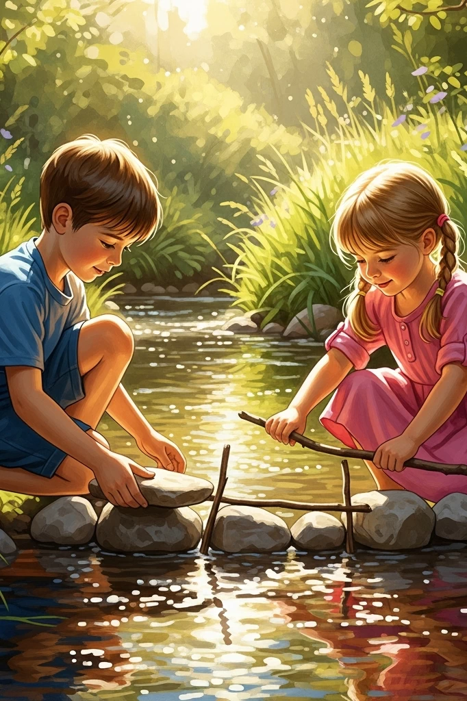 Kinder bauen gemeinsam einen Staudamm